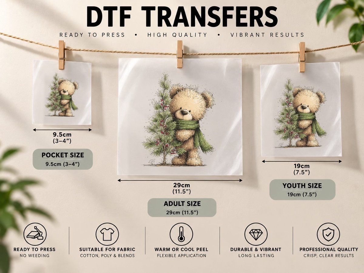 Christmas Teddy Bear with Green Scarf and Tree Cute Holiday DTF Transfer Iron On