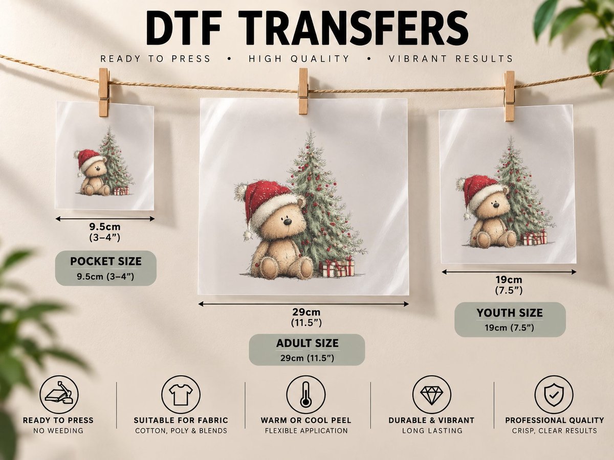 Christmas Teddy Bear with Santa Hat and Tree Cute Holiday DTF Transfer Iron On