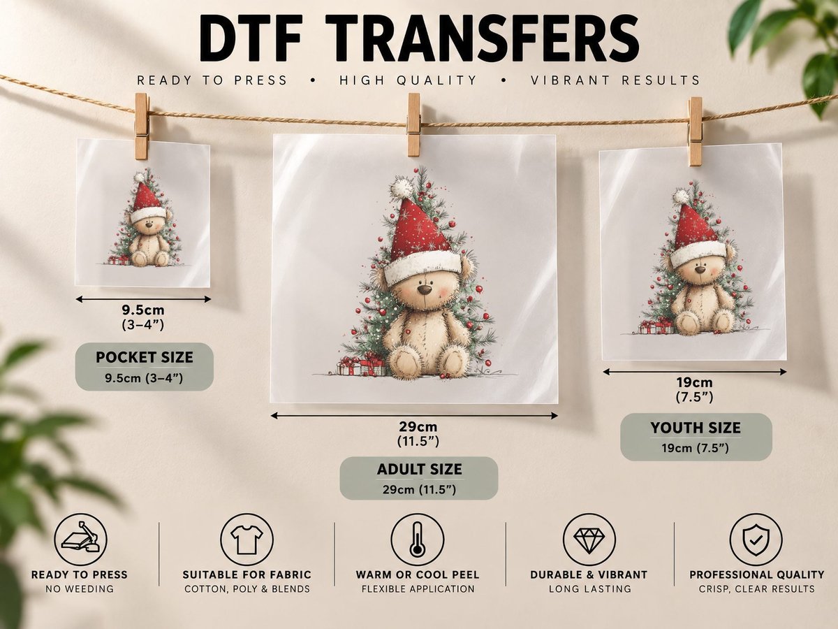 Christmas Teddy Bear with Santa Hat by Tree Cute Holiday DTF Transfer Iron On