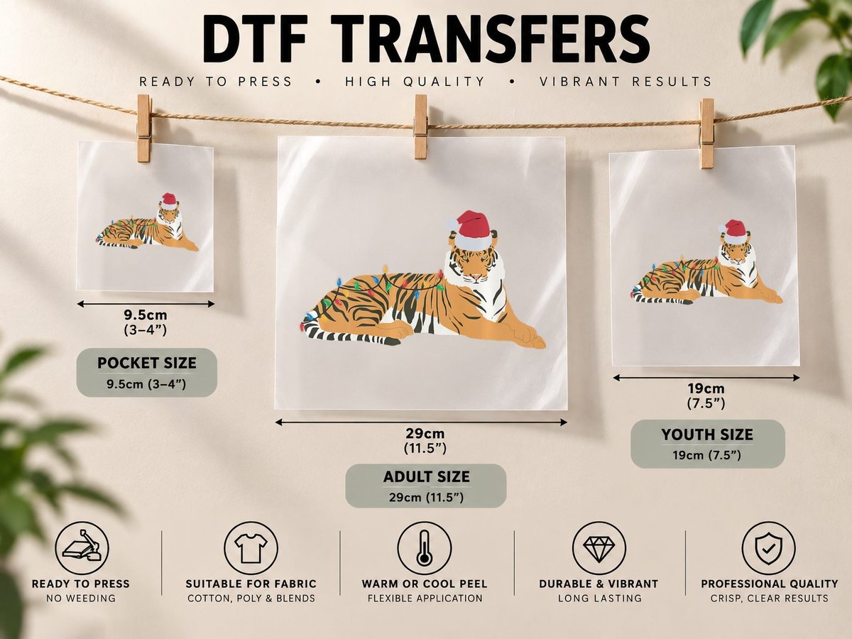 Christmas Tiger Funny Animal with Santa Hat, Festive DTF Transfer Iron On