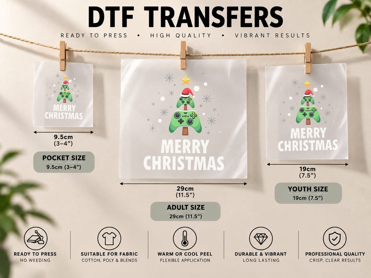 Christmas Tree Video Game Controller Gamer Santa Hat DTF Transfer Iron On