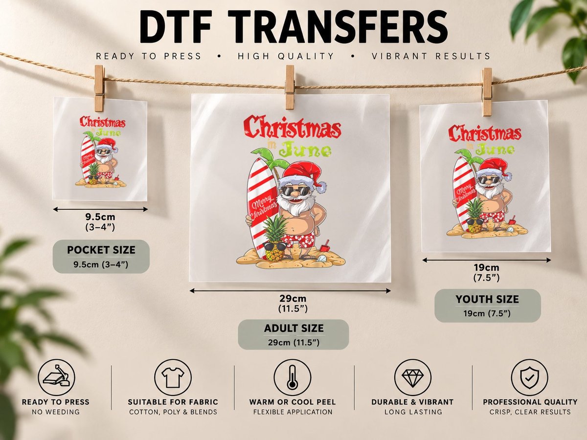 Christmas in June Santa Summer Beach Vacation DTF Transfer Iron On