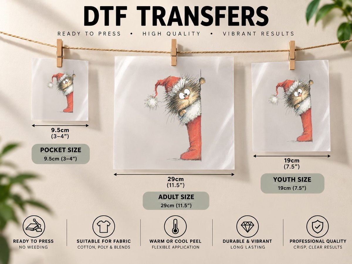 Cute Christmas Cat in Red Santa Stocking Funny Holiday Gift DTF Transfer Iron On