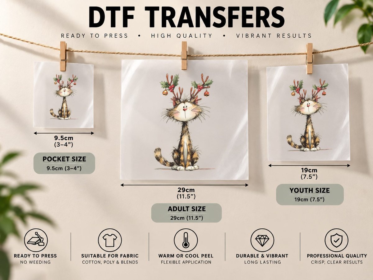 Cute Christmas Cat with Reindeer Antlers Bells and Holly DTF Transfer Iron On