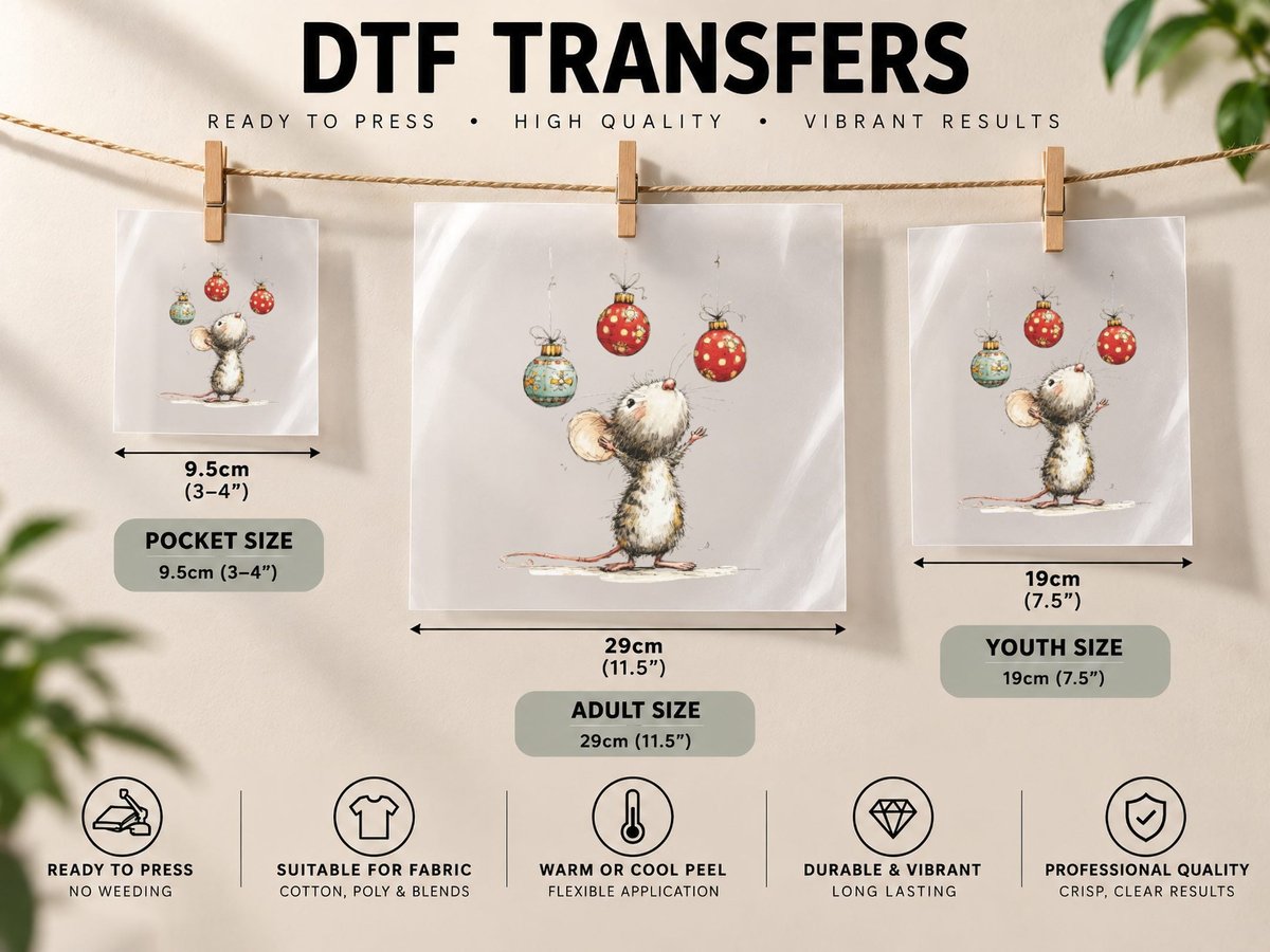 Cute Christmas Mouse with Hanging Ornaments Festive Holiday DTF Transfer Iron On