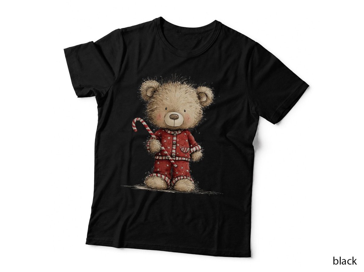 Cute Christmas Teddy Bear in Red Pajamas Holding Candy Cane Holiday T-Shirt
