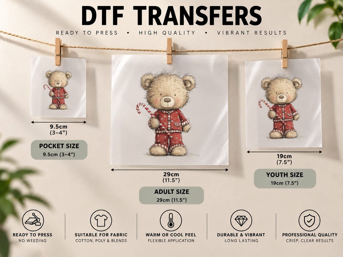 Cute Christmas Teddy Bear in Red Pajamas Holding Candy DTF Transfer Iron On