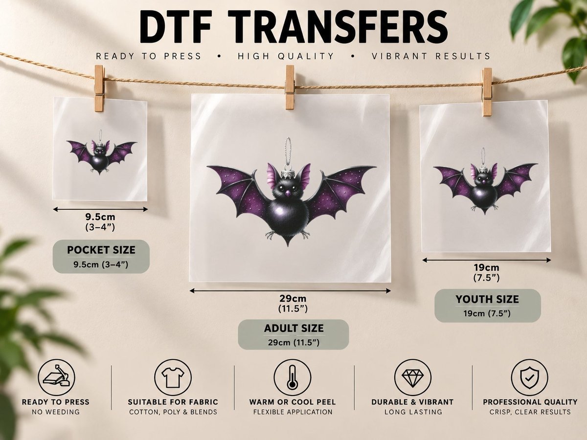 Cute Gothic Bat Ornament Purple Wings Dark Christmas DTF Transfer Iron On
