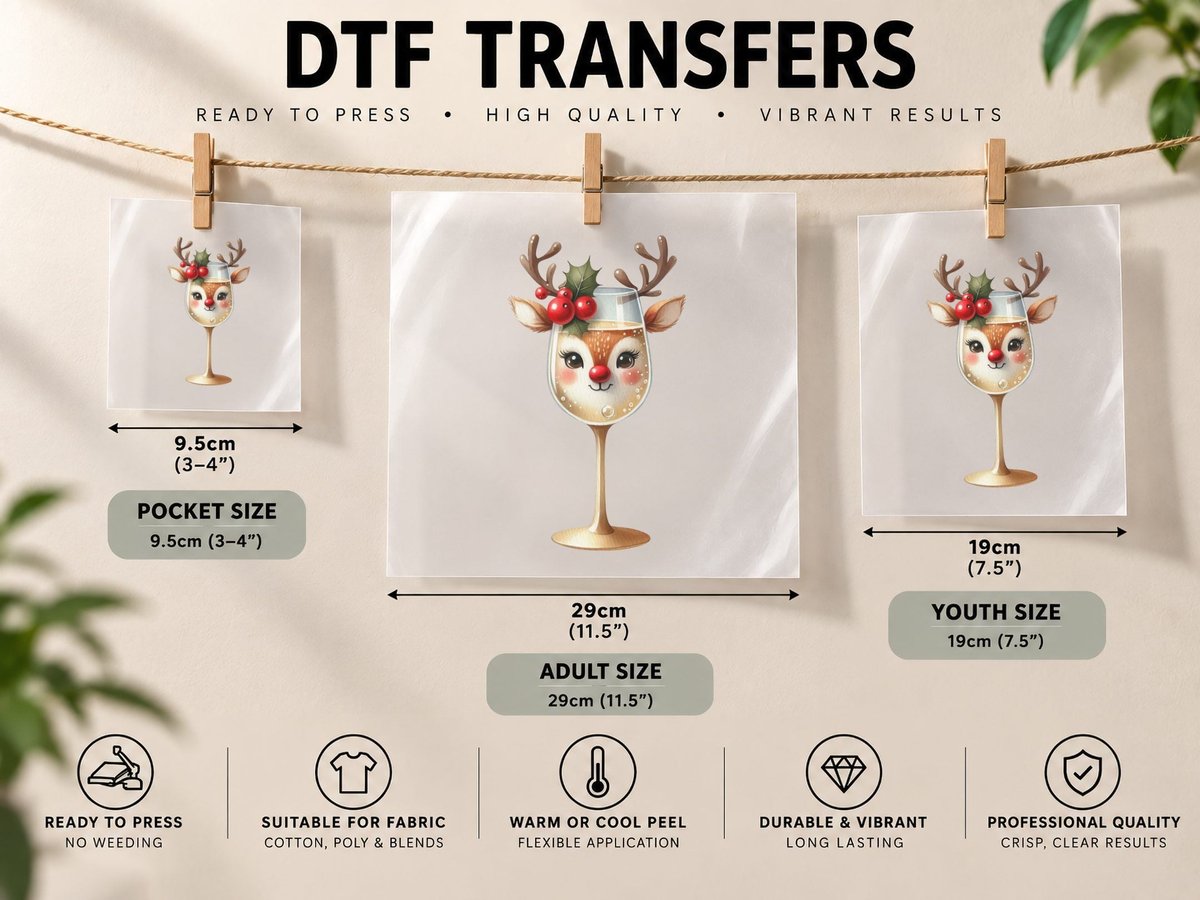Cute Reindeer Champagne Flute with Holly and Red Nose DTF Transfer Iron On