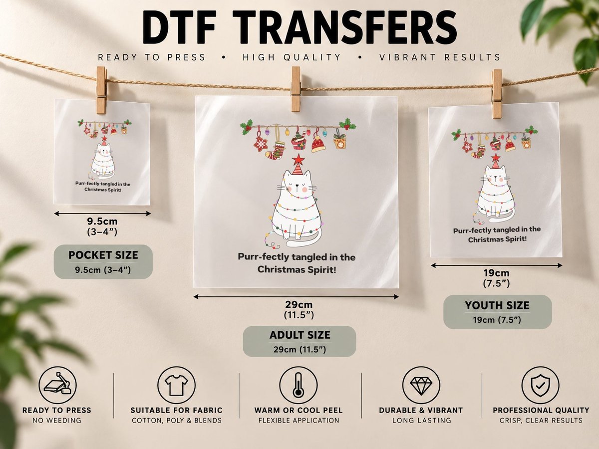 Cute White Cat Wrapped in Christmas Lights Star Hat DTF Transfer Iron On