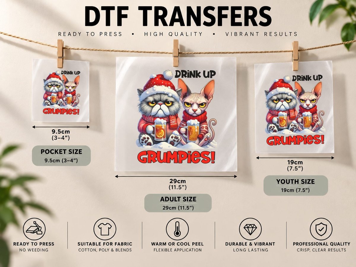 DRINK UP Grumpies! Grumpy Cats with Beer Funny Christmas DTF Transfer Iron On