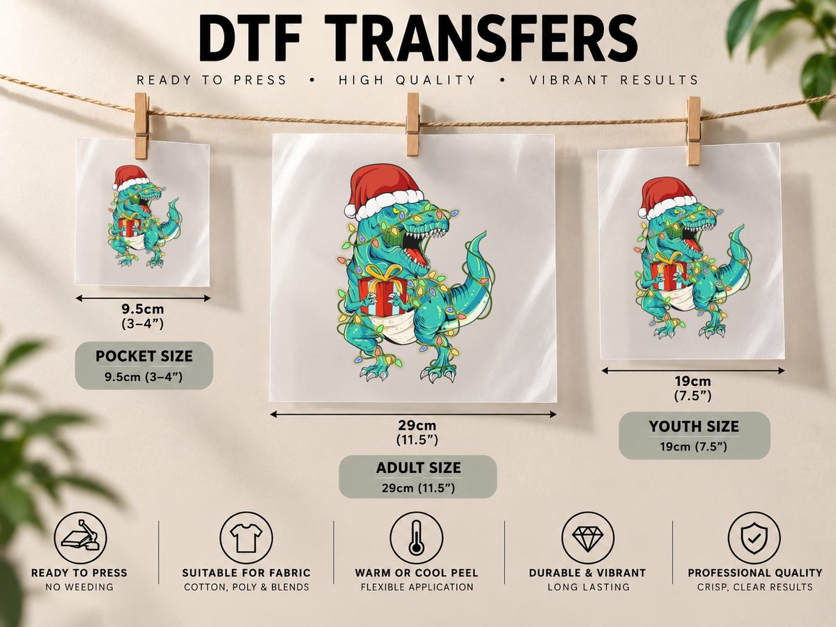 Dinosaur Santa for Boys Girls Christmas Tree Lights DTF Transfer Iron On