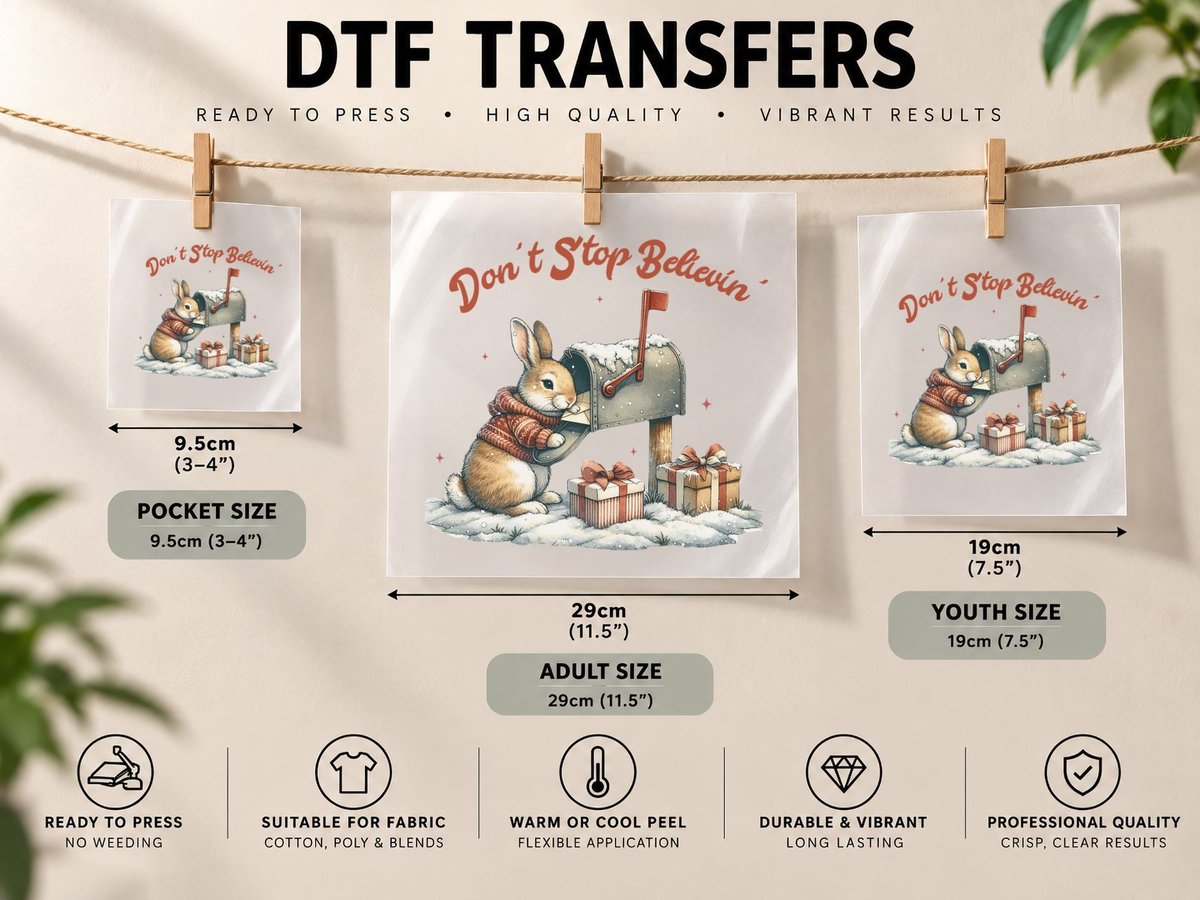 Don't Stop Believin' Christmas Bunny, Winter Mailbox DTF Transfer Iron On