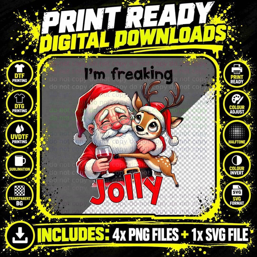 Drunk Santa and Reindeer Wine Funny I'm Freaking Jolly Png SVG Digital Bundle