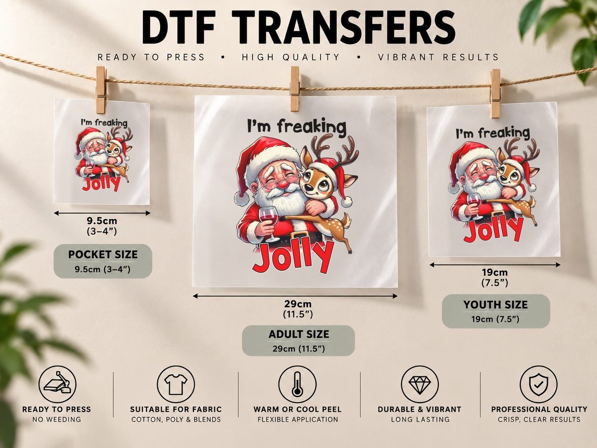 Drunk Santa and Reindeer Wine Funny I'm Freaking Jolly DTF Transfer Iron On