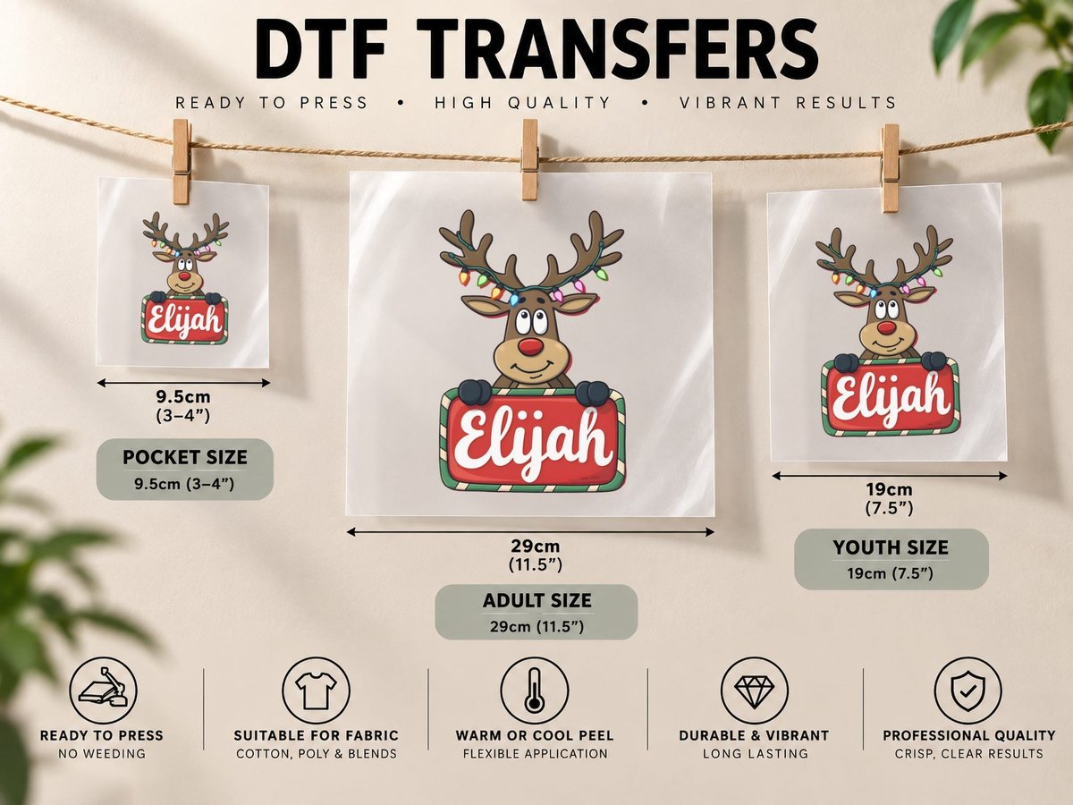 Elijah Custom Reindeer Peeking Christmas Kids Lights DTF Transfer Iron On
