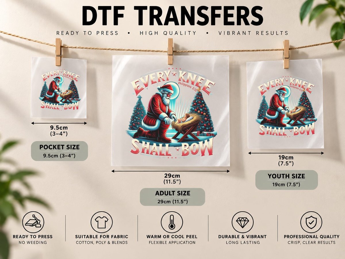 Every Knee Shall Bow Jesus Christian Santa Christmas Xmas DTF Transfer Iron On