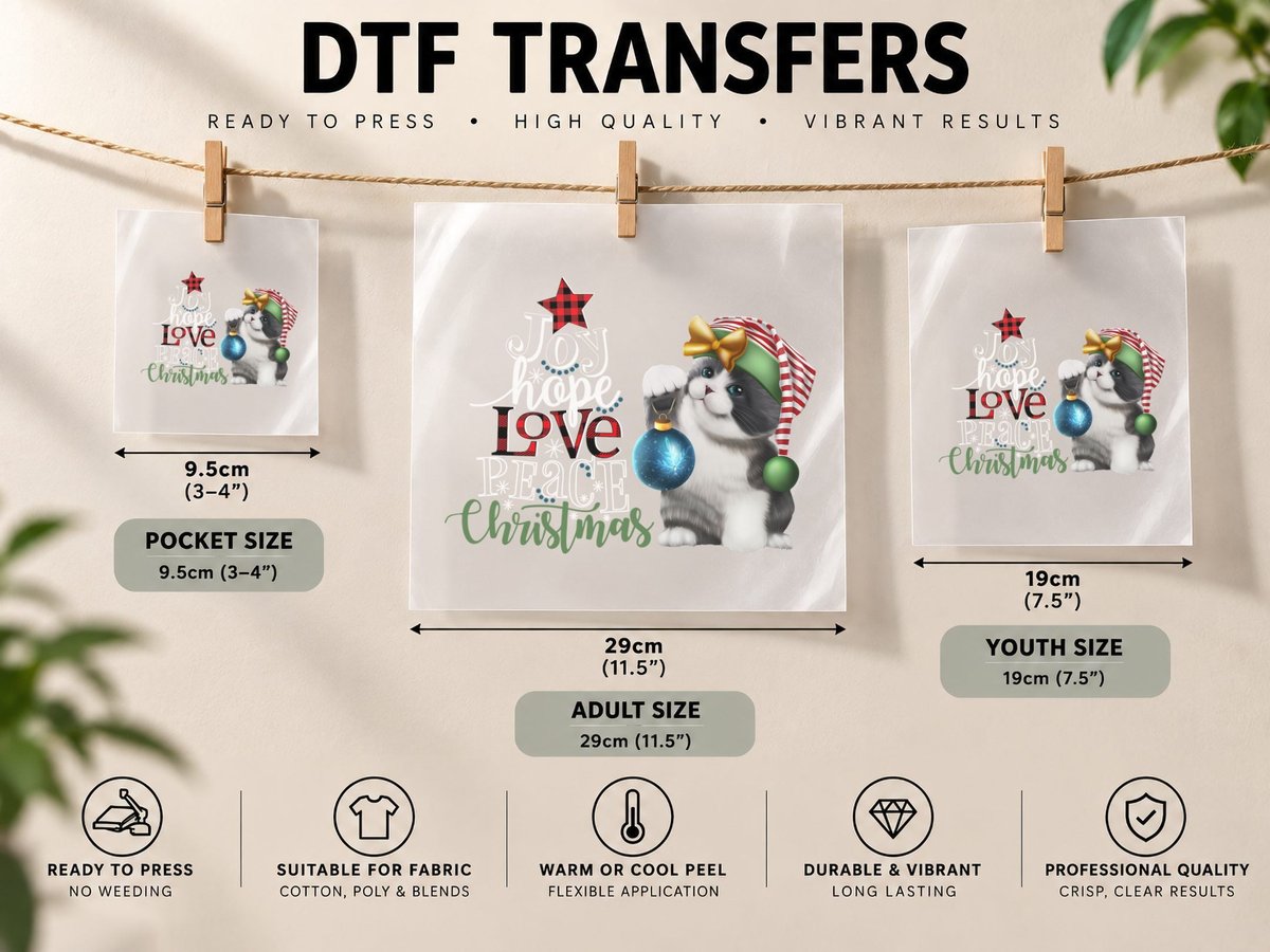 Festive Cat Christmas Joy Love Peace Cute Gift DTF Transfer Iron On