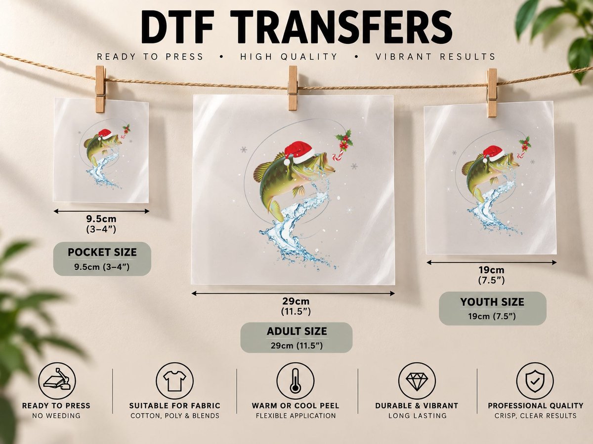 Funny Bass Fishing Santa Hat Christmas Pajama Fishermen DTF Transfer Iron On