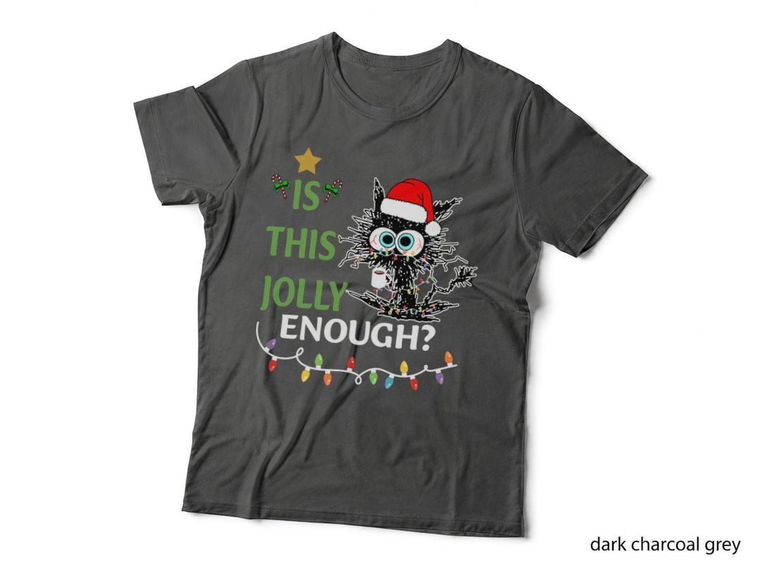 Funny Black Cat Is This Jolly Enough Christmas Lights Humor T-Shirt