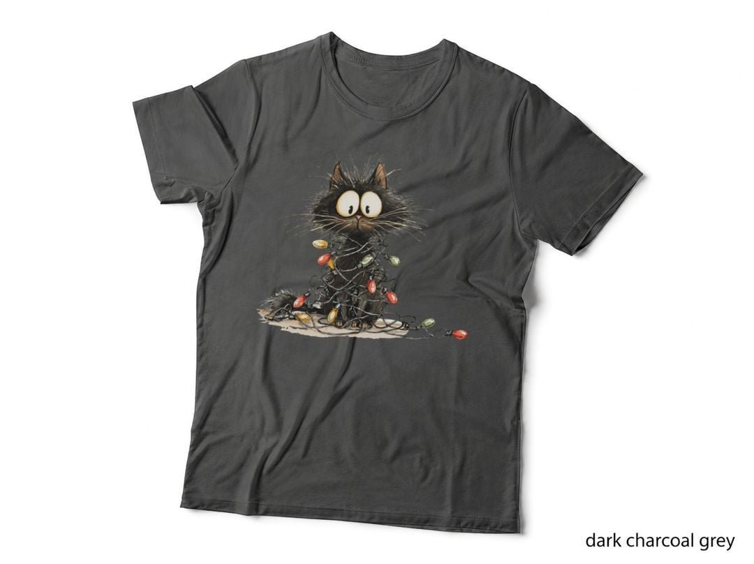 Funny Black Cat Tangled in Christmas Lights Cute Holiday Gift T-Shirt