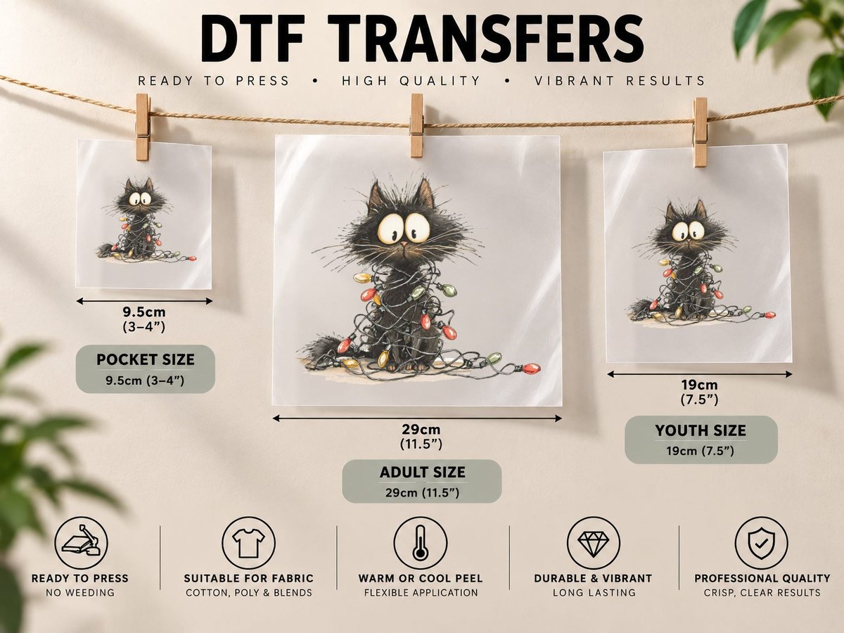 Funny Black Cat Tangled in Christmas Lights Cute Holiday DTF Transfer Iron On