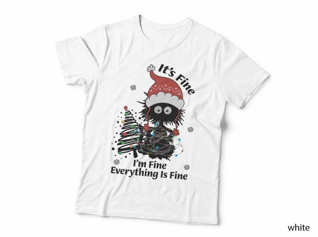 Funny Christmas Cat, Chaos Santa Hat Googly Eyes Tangled Lights Meme T-Shirt