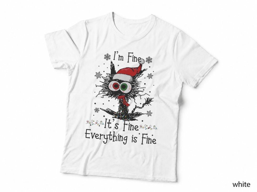 Funny Christmas Cat, I'm Fine It's Fine Santa Hat Holiday Lights Meme T-Shirt