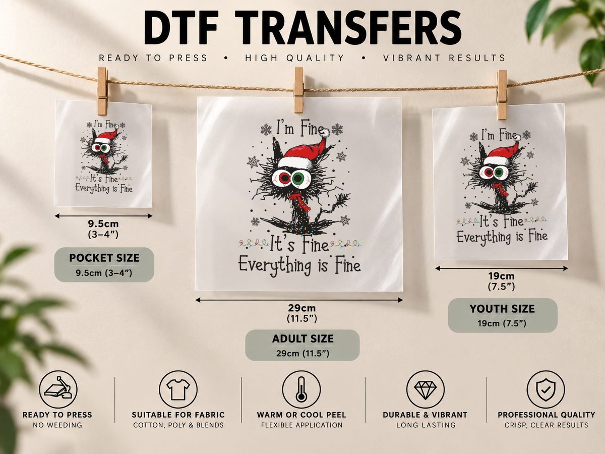 Funny Christmas Cat, I'm Fine It's Fine Santa Hat Holiday DTF Transfer Iron On