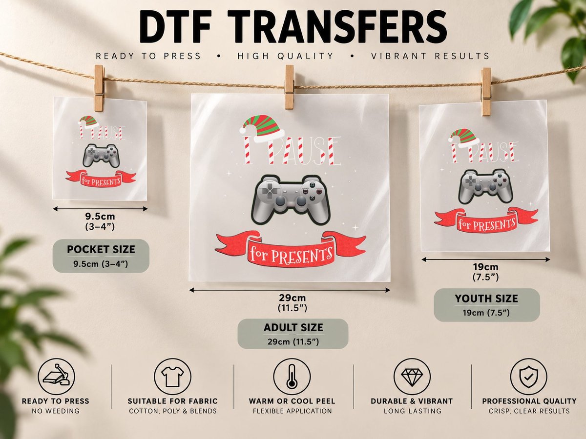 Funny Christmas Gamer I PAUSE FOR Presents Gaming DTF Transfer Iron On
