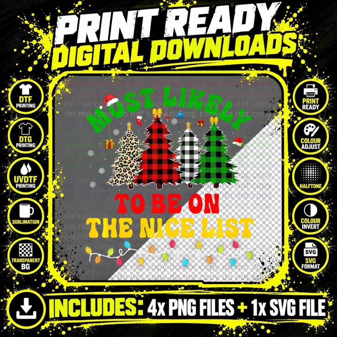 Funny Christmas Most Likely to Be on the Nice List Xmas Png SVG Digital Bundle