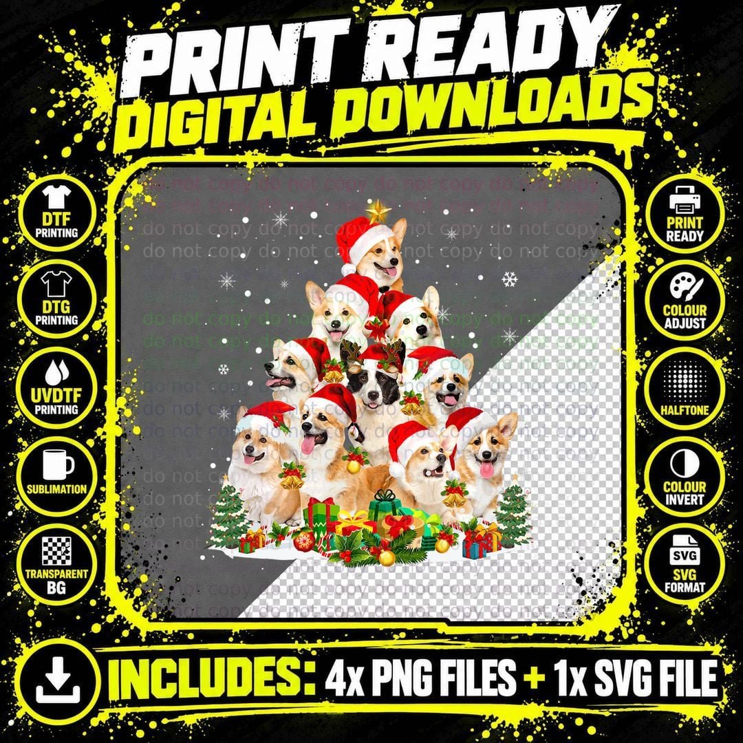 Funny Corgi Christmas Tree Lights Funny Xmas Santa Hat Png SVG Digital Bundle