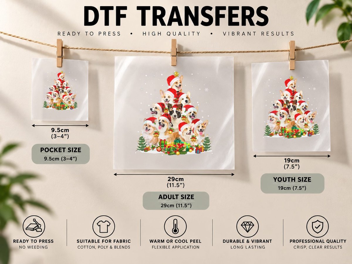 Funny Corgi Christmas Tree Lights Funny Xmas Santa Hat Dog DTF Transfer Iron On