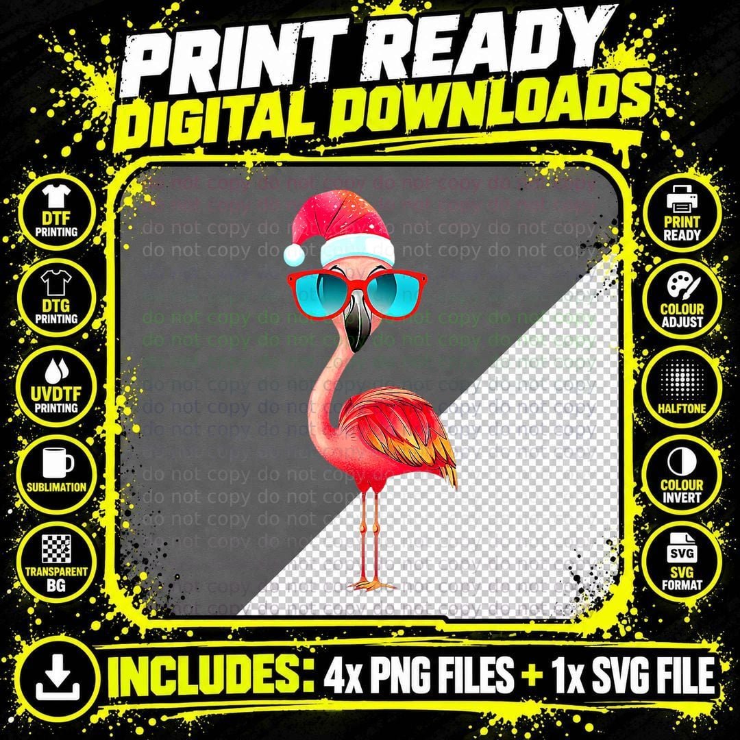 Funny Flamingo Christmas Santa Hat Sunglasses Summer Png SVG Digital Bundle