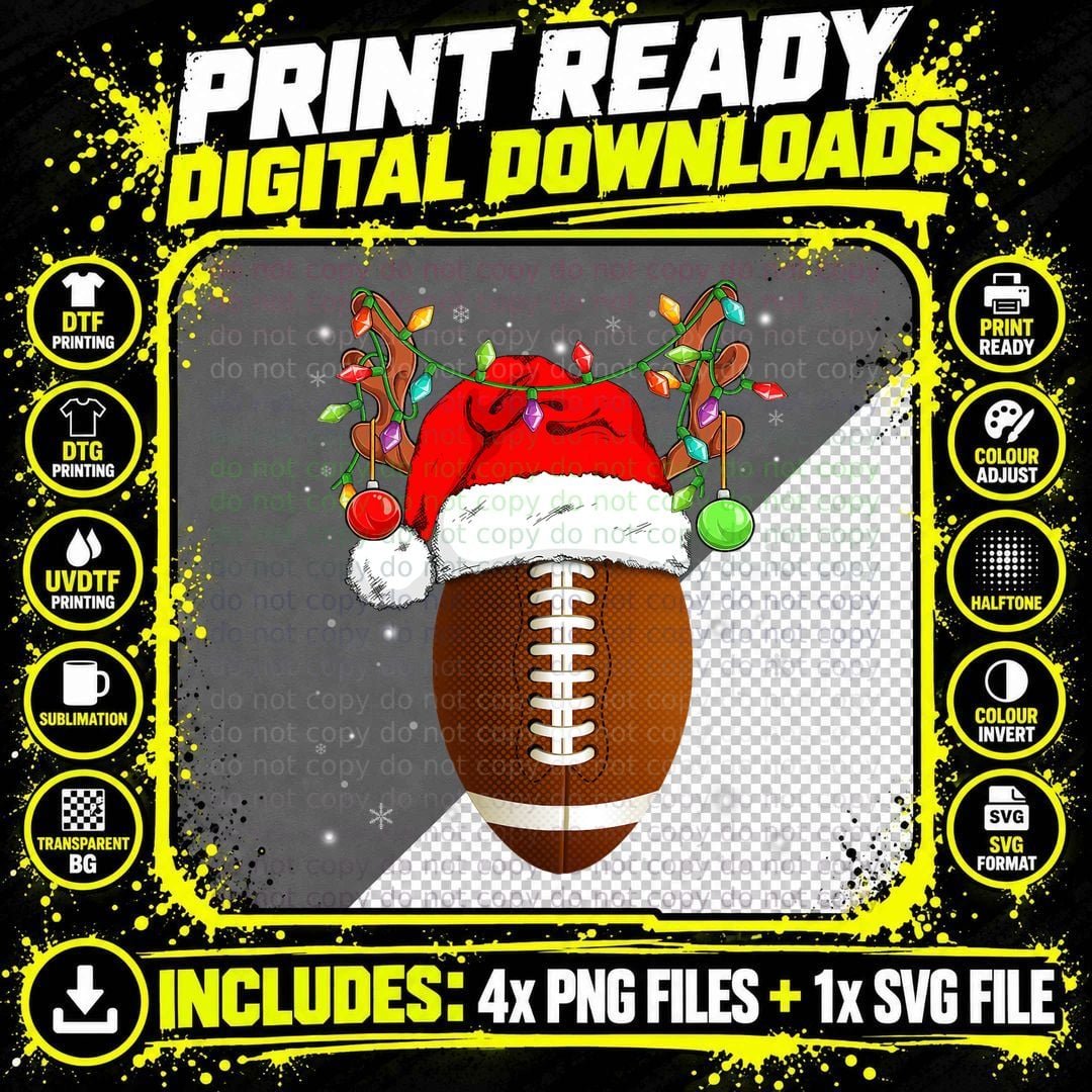 Funny Football Reindeer Santa Hat Christmas Lights Png SVG Digital Bundle