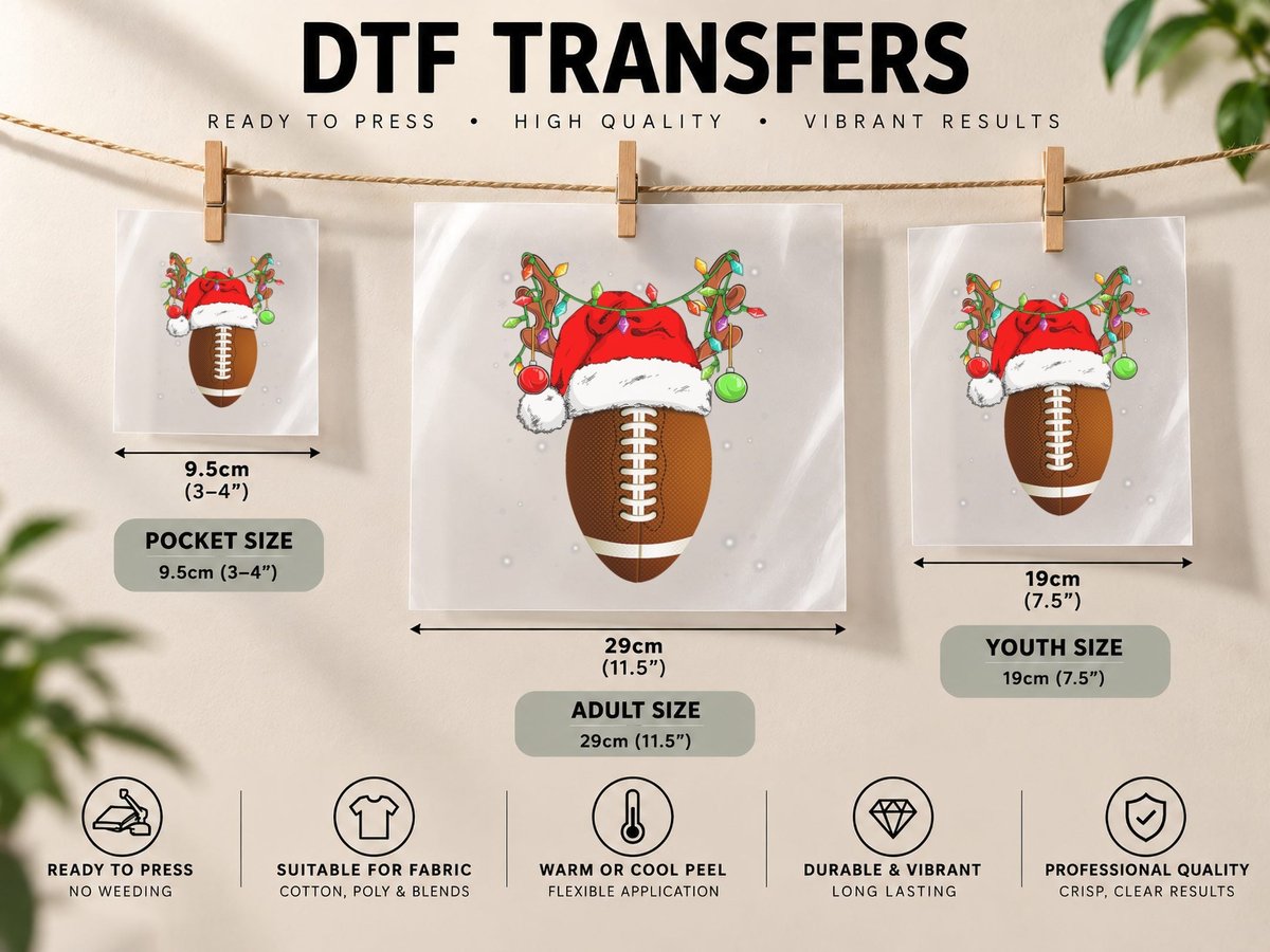 Funny Football Reindeer Santa Hat Christmas Lights Holiday DTF Transfer Iron On