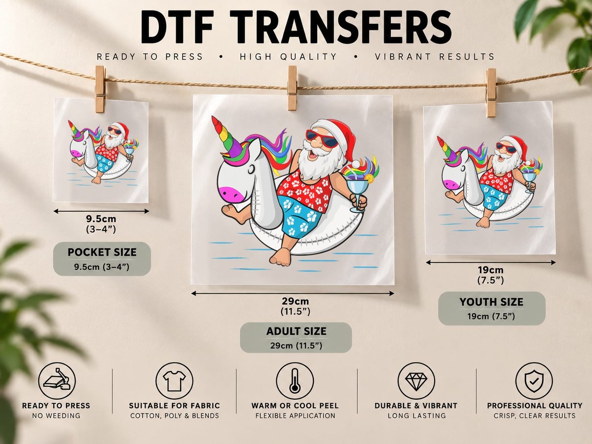 Funny Hawaiian Santa Unicorn Swim Summer Christmas in July DTF Transfer Iron On