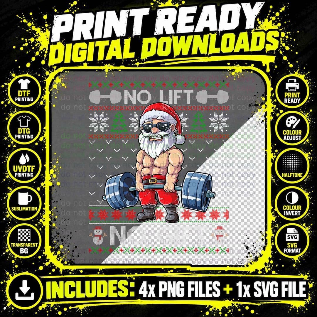Funny Muscle Santa Lifting Christmas Ugly Christmas Png SVG Digital Bundle