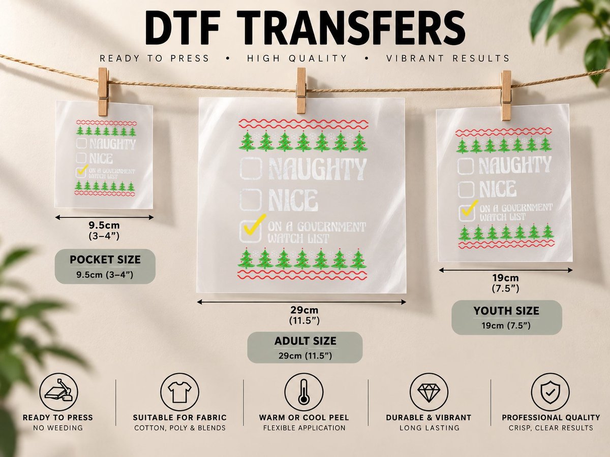 Funny Naughty Nice on a Government Watch List Christmas DTF Transfer Iron On