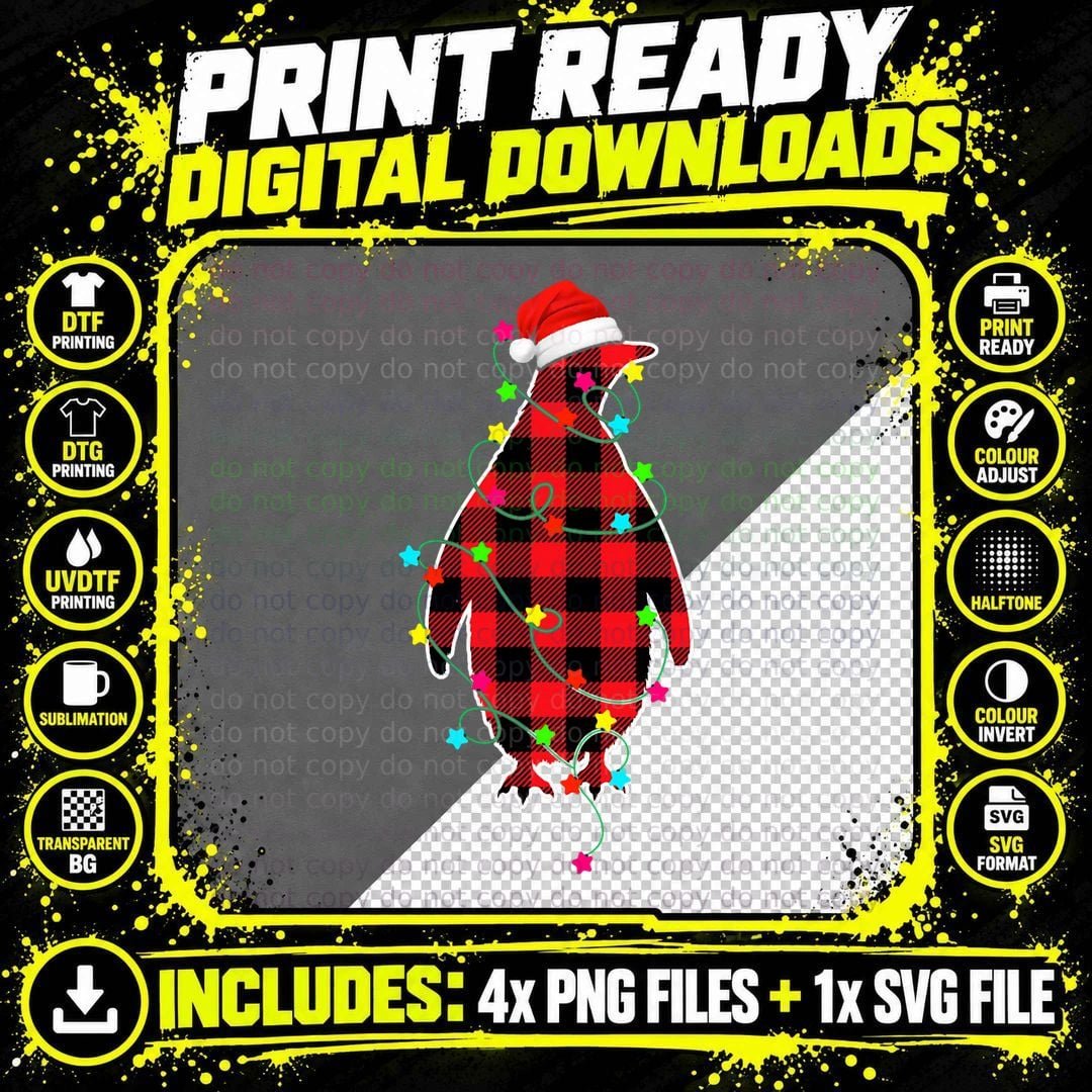 Funny Penguin Christmas Tree Red Plaid Xmas Animals Png SVG Digital Bundle