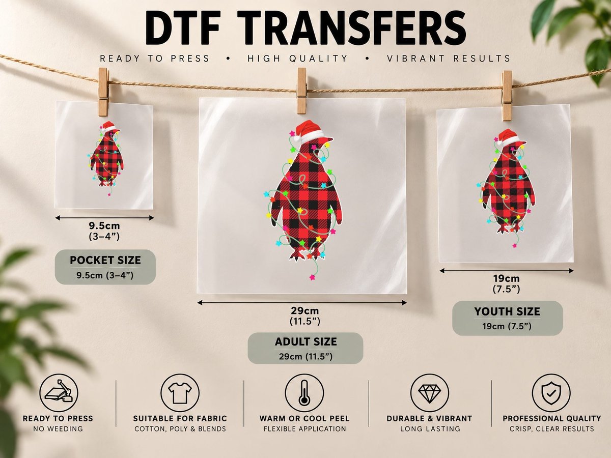 Funny Penguin Christmas Tree Red Plaid Xmas Animals Lover DTF Transfer Iron On