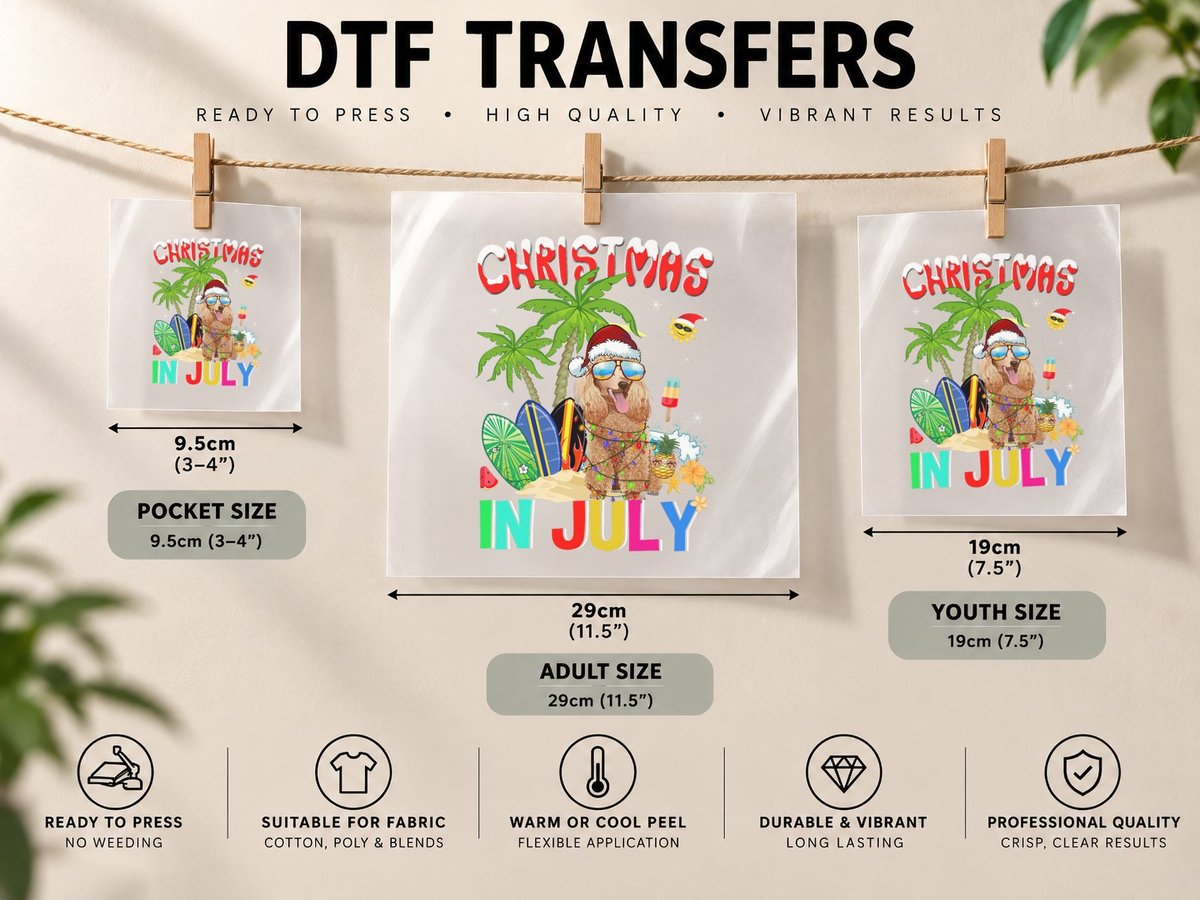 Funny Poodle Dog in Santa Hat Sunglasses Christmas in July DTF Transfer Iron On