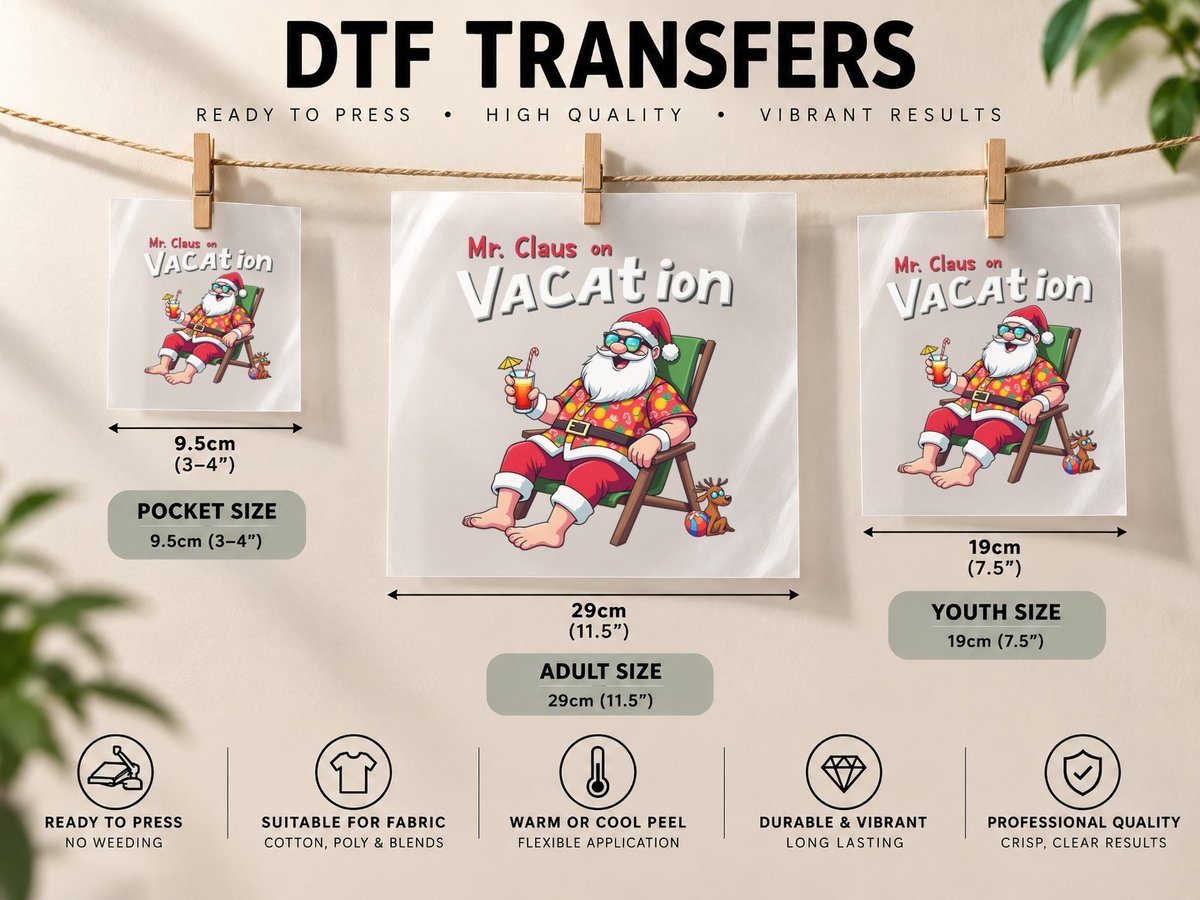 Funny Santa Beach Vacation Graphic, Christmas in July 8 DTF Transfer Iron On