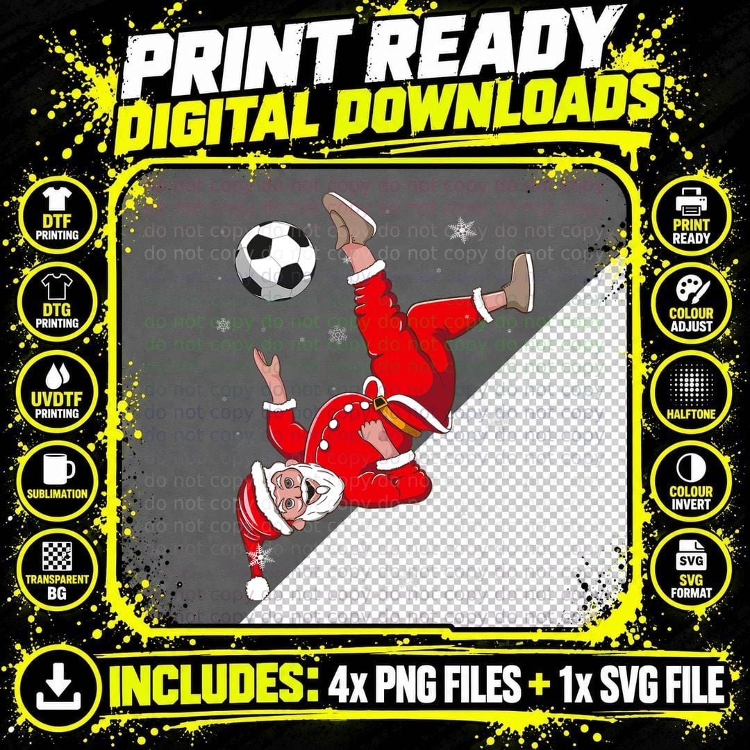 Funny Santa Plays Soccer Ball Scissors Kick Christmas Png SVG Digital Bundle