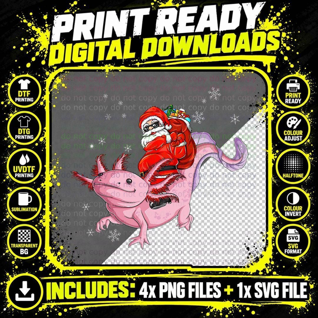 Funny Santa Riding Axolotl Christmas Boy Men Kid Toddler Png SVG Digital Bundle