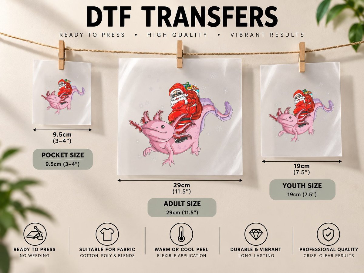 Funny Santa Riding Axolotl Christmas Boy Men Kid Toddler DTF Transfer Iron On