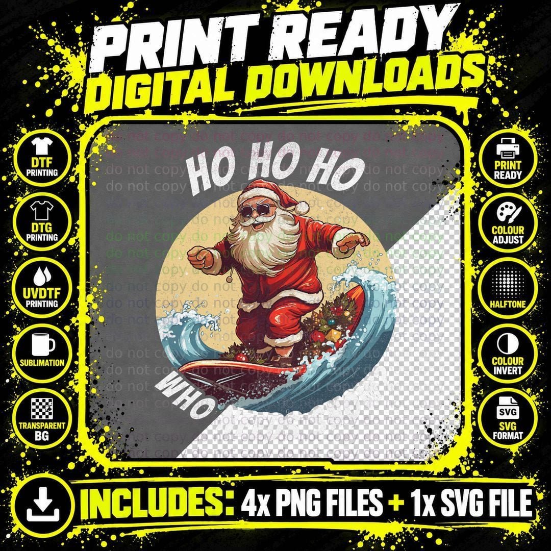 Funny Santa Surfing Summer Beach Vacation Christmas in Png SVG Digital Bundle