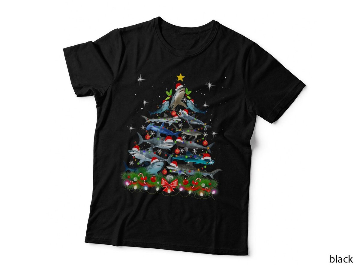 Funny Shark Fish Xmas Lighting Tree Santa Shark Christmas T-Shirt