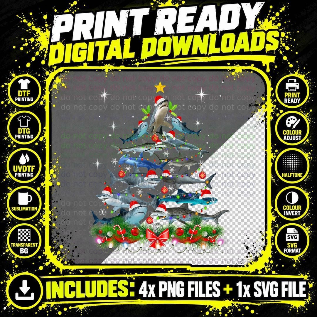 Funny Shark Fish Xmas Lighting Tree Santa Shark Png SVG Digital Bundle
