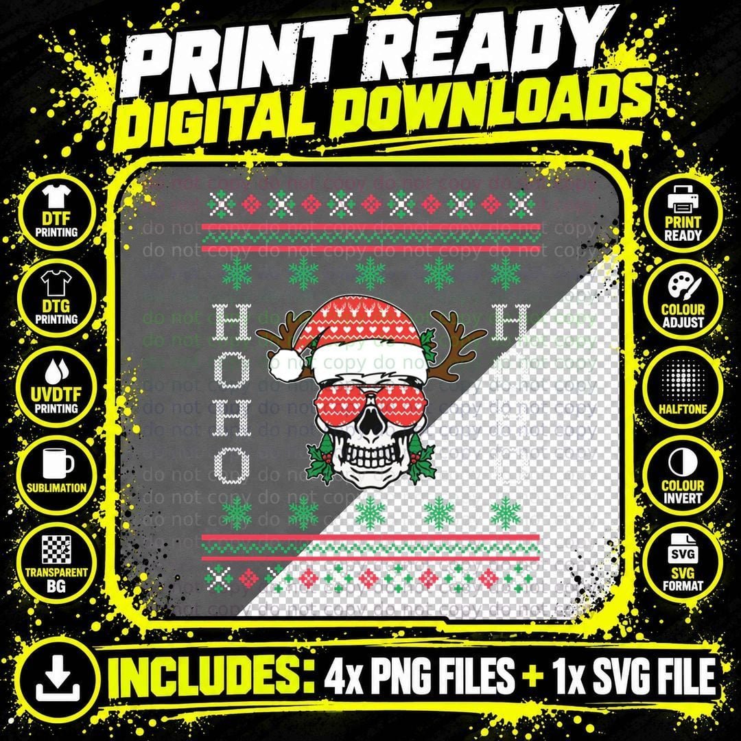 Funny Skull Santa Reindeer Christmas Ugly Sweater PJ Png SVG Digital Bundle